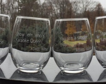 Set of FOUR Etched stemless Wine Glasses with funny sayings, can be customized/personalized, Wine Notes