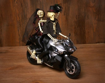 Skeleton Bridal Couple on Motorbike Wedding Cake Topper