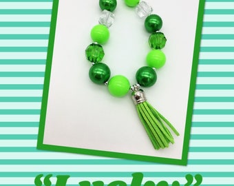 Green Chunky Bubblegum Necklace - Lucky St Patricks Day Chunky Necklace - Girls or Toddler Green Tassel Necklace - Green Tassel Party Favor