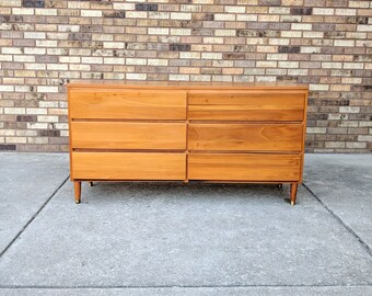 57" mid century modern 6 drawer maple lowboy dresser