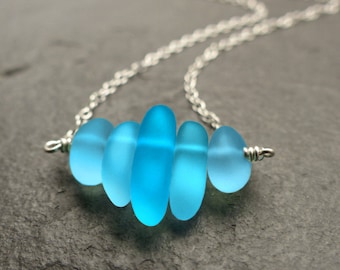 Sea glass necklace, sterling silver, turquoise blue, cultured sea glass jewelry, beach glass, something blue, natural jewelry, gift for her