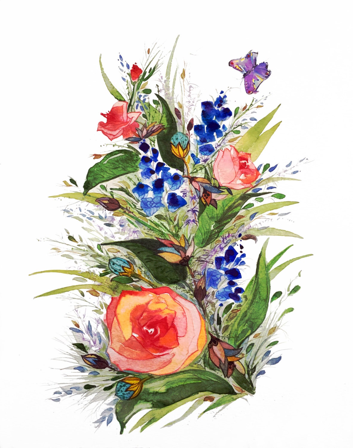 Flower Butterfly Art Watercolor Flowers Flower Giclee Print