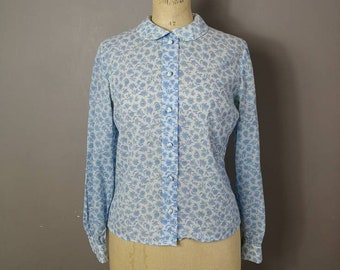 60s blue and white blouse with Peter Pan collar / round collar blouse / retro 60s work blouse / vintage women's shirt / 1960s style / UK 10