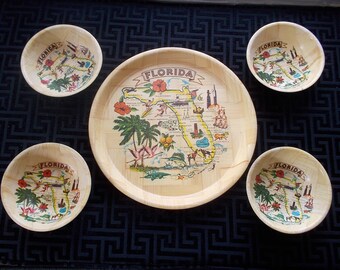 Florida Bamboo Tray and 4 Bowls Set Vintage Souvenirs Retro 1960s