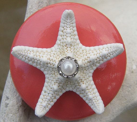 Coral Starfish Knobs with Swarovski Crystal and pearl rhinestone