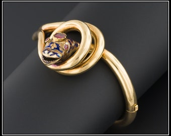 Antique Snake Bracelet | Victorian Snake Bangle | Garnet & Enamel Snake Bracelet | 18k Gold Antique Victorian Bracelet | Fine Bracelet