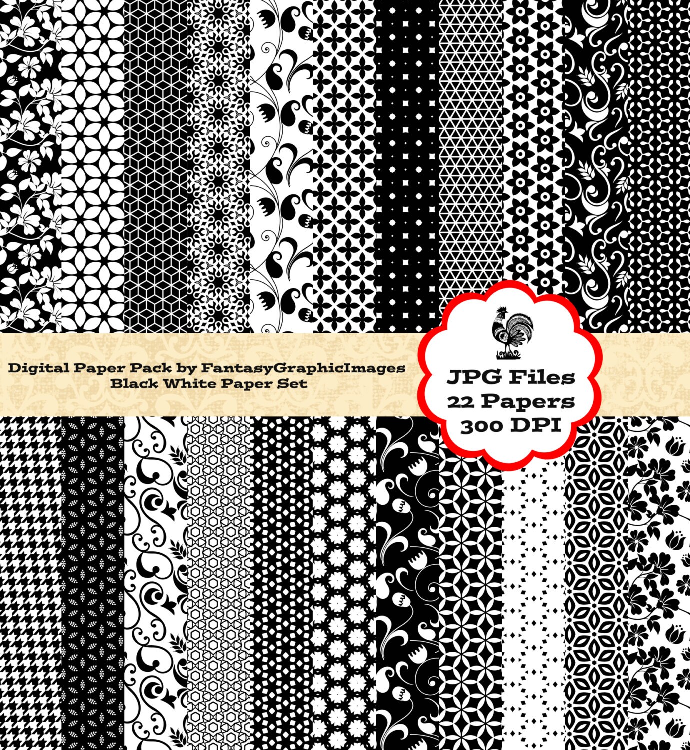 Black White Scrapbook Paper CU Digital Pack 22 Mixed Paper Printable ...