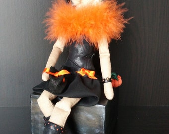 Halloween Witch, Tilda doll, orange pumpkin, rag interior doll, leather dress and hat, party decoration, handmade unique girl