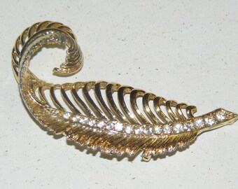 Vintage Wispy Curled Feather Rhinestone Brooch