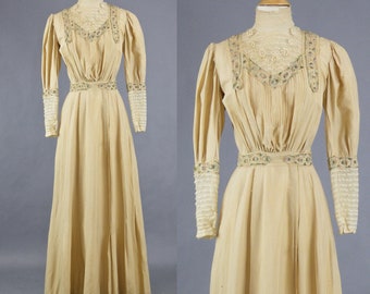 Edwardian Dress, Downton Abbey Dress, Antique 1910s Embroidered Net Silk Dress, Titanic Dress, Edwardian Easter Dress