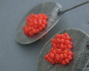 modern silver paddle beaded orange neon earrings oxidized silver art jewelry jaime jo fisher contemporary art jewelry