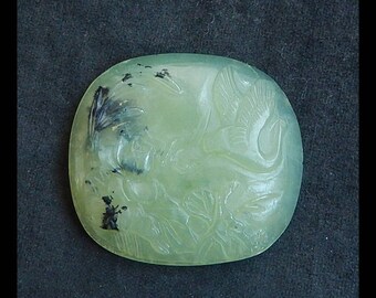 New Arrival!!! Carved Prehnite Gemstone Cabochon,Carved Red-crowned Crane And Flower Cabochon,40x36x9mm,20.3g(m0811)