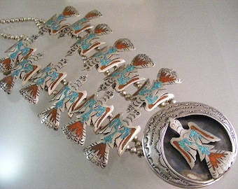 Vintage Signed Native American Chip Inlay Peyote Bird Necklace with Early Tommy Singer Mark .... Lot 5552