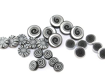24- assorted flat black white ombre millefiori spiral pattern beads for jewelry making, boho design coin beads