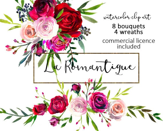 Watercolor Floral Clipart Red Purple Pink Burgundy Roses