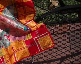 Vintage Oscar de la Renta Studio Silk Scarf; Fall Plaid Colors with Pastel Pink Roses