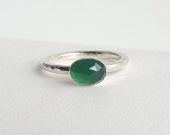Oval Green Onyx Ring Sterling Silver Rose Cut Faceted Gemstone Solitaire