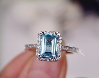 Natural Aquamarine Ring Emerald Cut Aquamarine Engagement Ring Wedding Ring Sterling Silver Ring Anniversary Ring Birthday Present