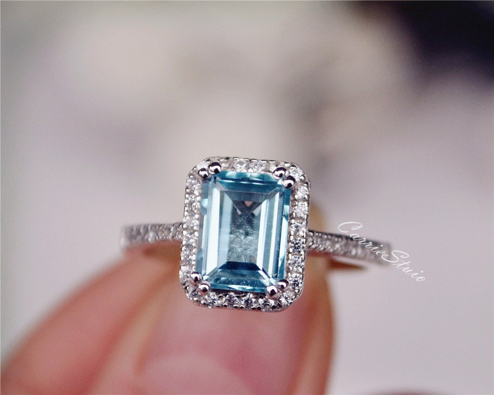 Natural Aquamarine Ring Emerald Cut Aquamarine Engagement Ring