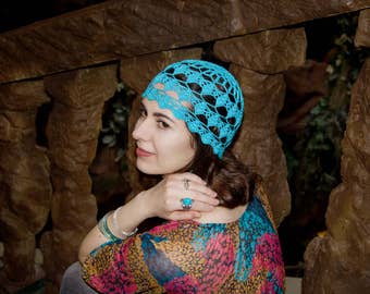 Turquoise Lace Crochet Women's Beanie - Water Drops Summer Crochet Hat - Women's Cotton Beanie Hat Cap - ItWasYarn Hats - Messy Bun Hat