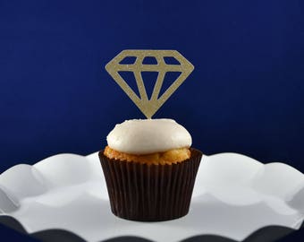 Diamond Cupcake Toppers / Diamond Donut Toppers / Gold Glitter Bridal Shower Decorations / Engagement Ring Cupcake Topper / Bridal Shower