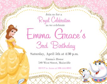Beauty and the Beast, Princess Belle, Birthday Party Invitation - Digital or Printed with FREE SHIPPING