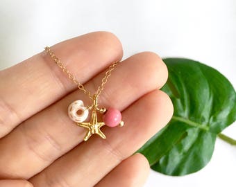Puka Shell, Pink Bead, and Starfish Charm Necklace, Gold Fill, Nautical Starfish