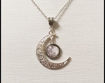 Crescent Moon Necklace , half moon silver full moon pendant lunar jewelry