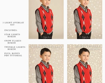 Set of 3 Christmas Tree Twinkle Lights Bokeh Effects Snowflakes and Stars Photographer Overlays for Photoshop