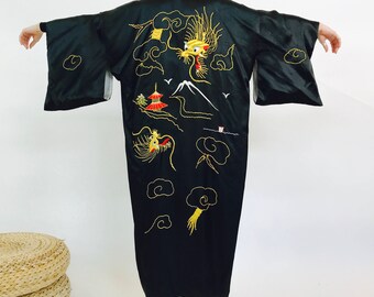 cloud dragon silk kimono - vintage embroidered kimono duster robe - full length golden thread robe - black silky kimono - lined kimono robe