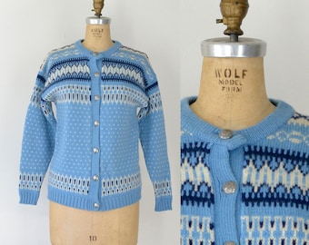 Vintage Nordic Wool Sweater / Light Blue Fair Isle Cardigan