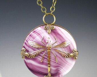 Dragonfly Necklace Purple White Czech Glass Button Oxidzed Brass Dragon Fly Vintage Inspired Jewelry
