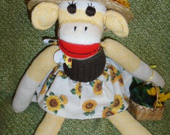 You Are My Sunshine Sock Monkey Doll In Sunflower Outfit/Brown Or Yellow