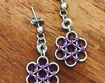 Chainmaille Japanese Flower Purple Earrings Stainless Steel