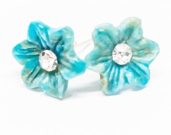 Apatite Gemstone . 11mm Carved Flowers . Sterling Silver Posts Studs Earrings . Aqua Blue . Free Shipping . E18036