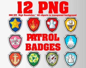 Paw All Patrol Badges Clipart | 12 PNG 300DPI | Transparent Background | PAW Badges | Patrol party | Patrol centerpieces | Patrol Birthday