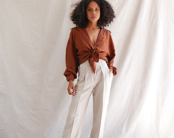 Vintage silk blouse - 90s minimalist silk blouse - rustic brown silk shirt - long sleeve button up - oversized slouchy silk top