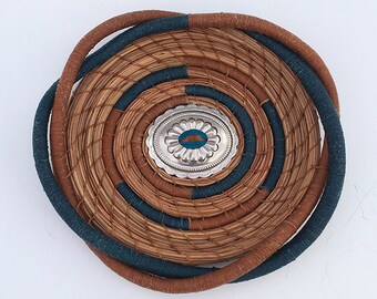 Teal and Honey Colored Pine Needle Basket Concho Center- Item 828 by Susan Ashley