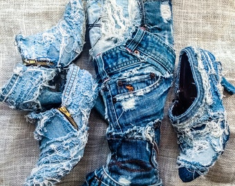 Distressed denim jean boots recycled denim jean knee high boots reworked bleached denim boots custom made denim boots handmade any occasion