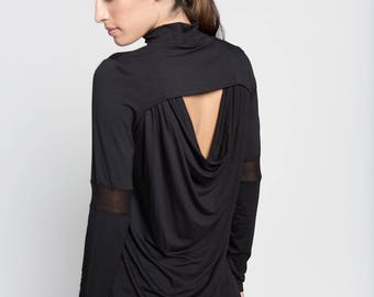 Party Top / Women's Blouse / Long Sleeve Top / Polo-Neck Blouse / Turtleneck Blouse / Black Shirt / Marcellamoda - MB0753