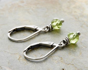 August Birthday Earrings - Green Gemstone Earrings - Lightweight Peridot Earrings - Sterling Silver - Lever Back Ear Wires - #4910