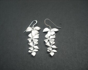 Matte white gold plated Fourfold Wild Orchid flowers cascading earring - sterling silver ear wires