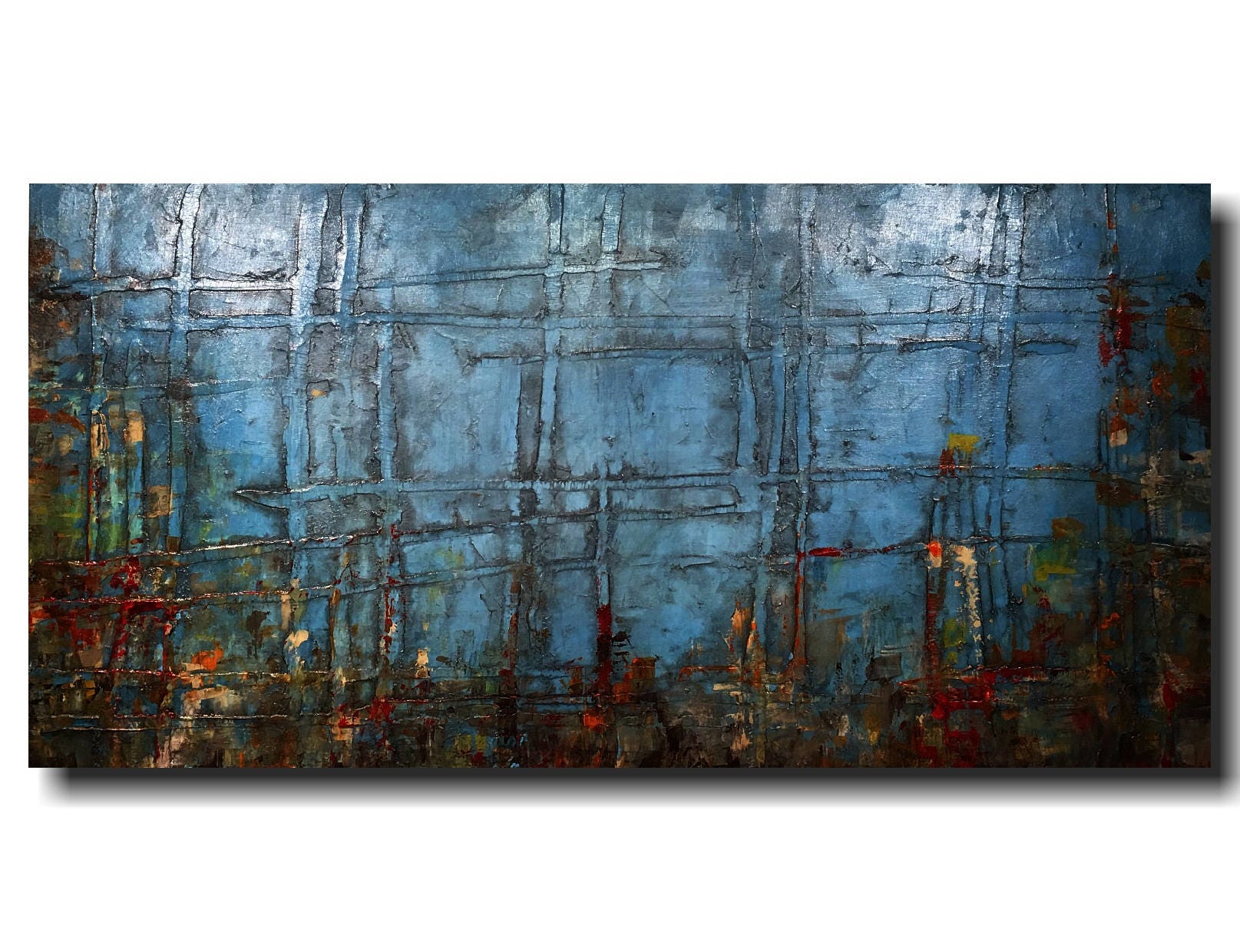 Large abstract painting original art industrial wall art blue