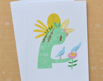 Plant Lady and Birds, Plant Lover Nature Screenprinted Card