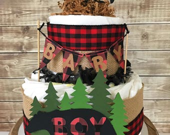 Lumberjack Diaper Cake (2 tier) in Buffalo Plaid, Lumberjack Baby Shower Centerpiece, Buffalo Check Decorations