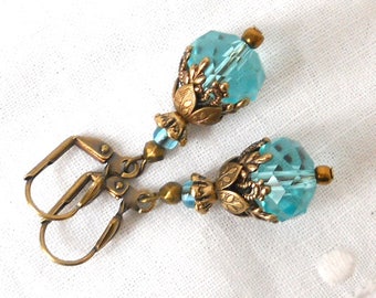 victorian earrings sea blue earrings victorian dangle earrings turquoise earrings brass filigree earrings vintage style earrings