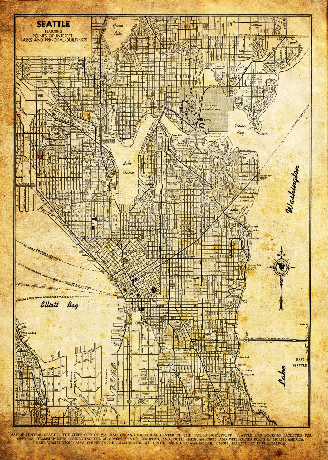 Seattle Map City Street Map Vintage Sepia Grunge Print