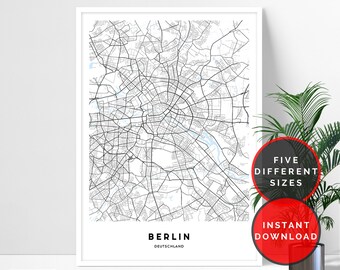 Berlin Map Print, Berlin City Map Printable Wall Art, Map Of Berlin Wall Art Prints, Berlin Street Map Print, Berlin Poster Digital Download