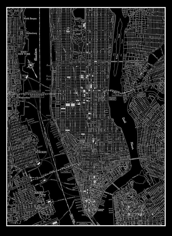 new york city manhattan street map vintage black print poster