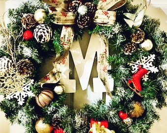 Gold, Silver and Red, Initial Holiday Wreath (Winter)